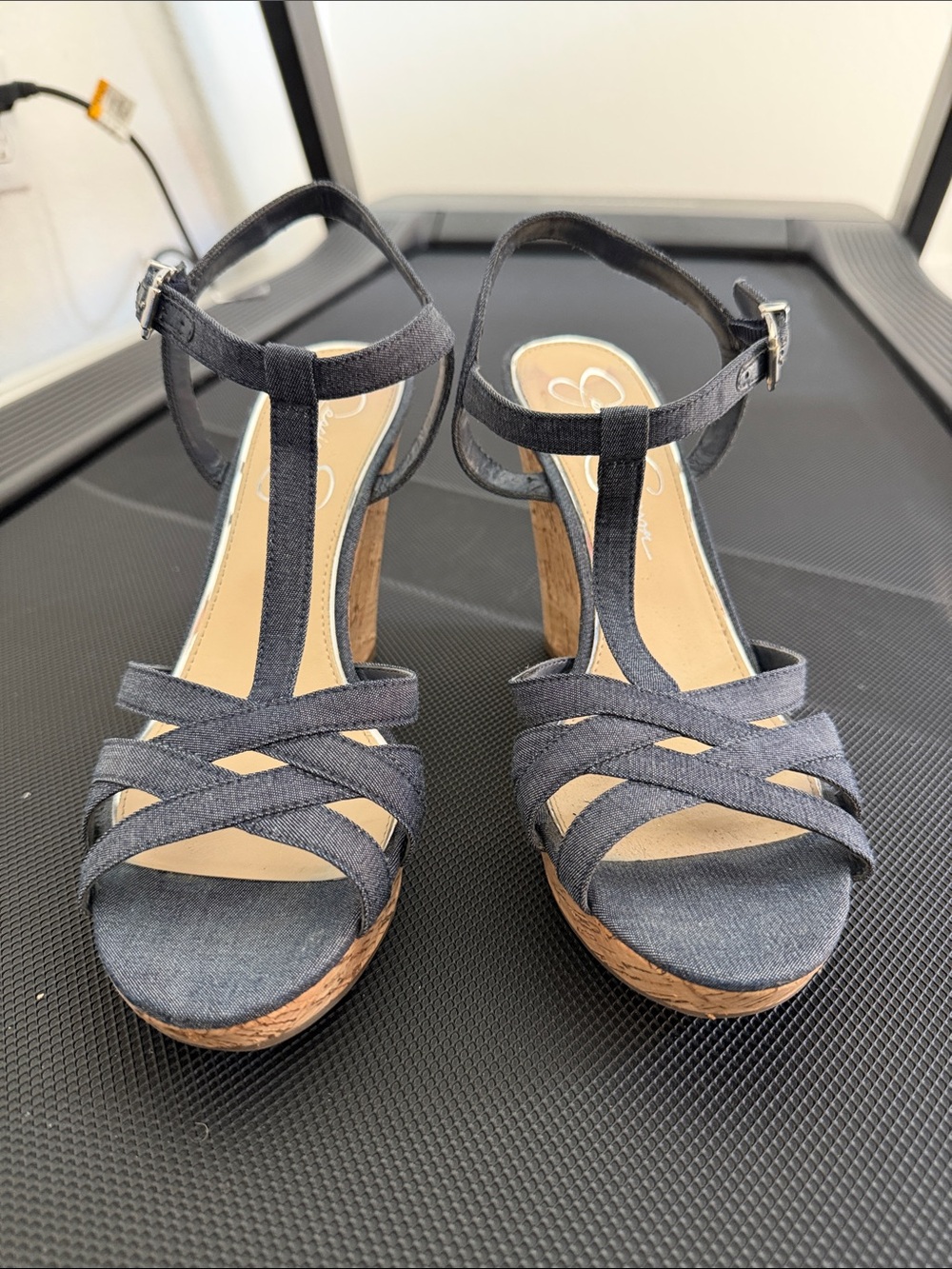 Women’s Jessica Simpson Navy denim T-Strap cork Wedge baddie size 8.5 Sandals